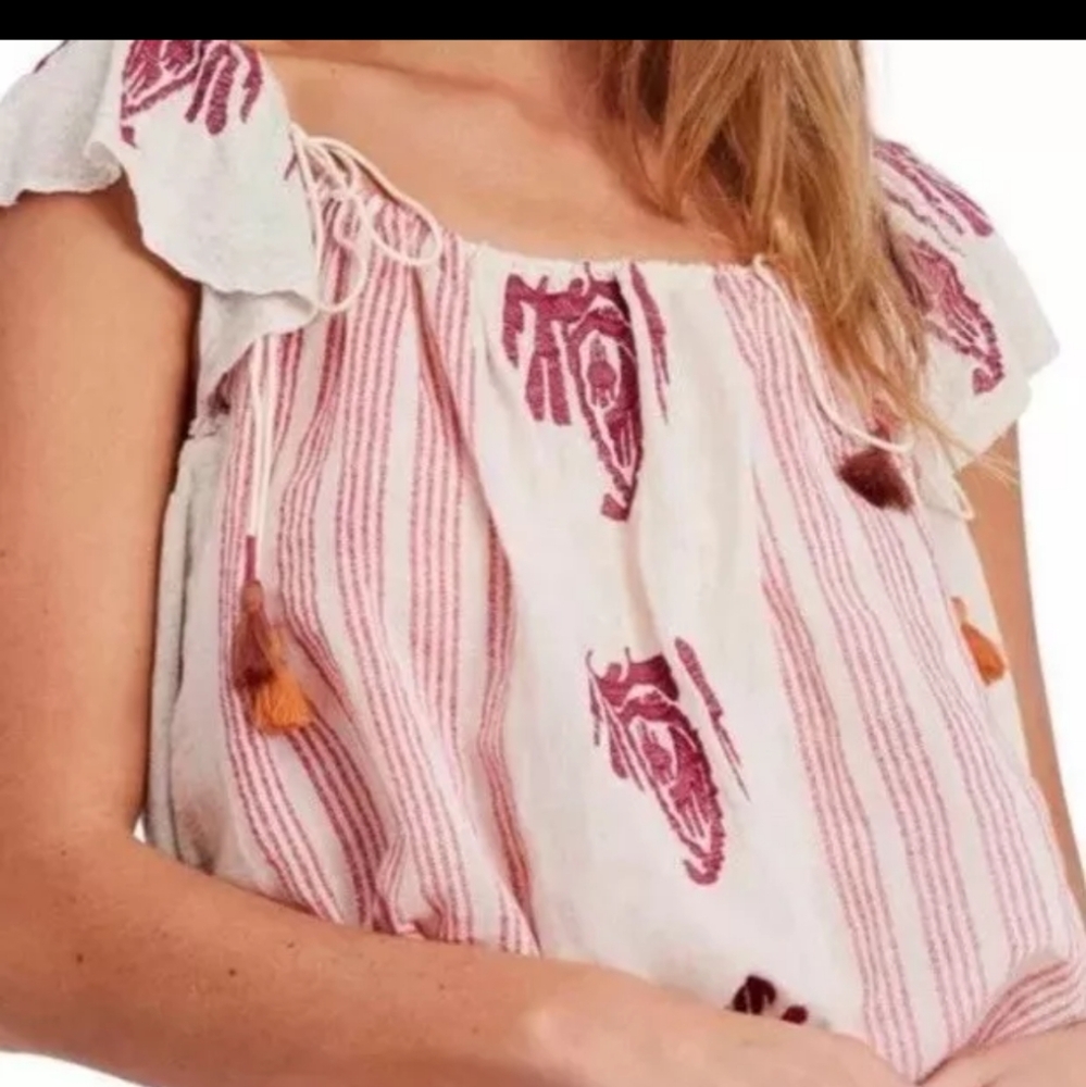 Free People‎ Pukka Top Off Shoulder Tassel Embroidery Boho Festival Size L - Picture 2 of 7